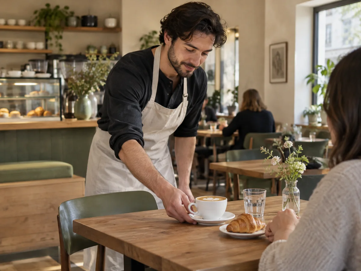 Illustrative café scene: a member of staff serves coffee
